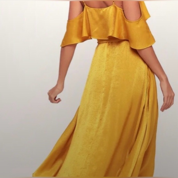 Lulu's Mustard Yellow Satin Wrap Off Shoulder Dress Size XL - Picture 4 of 8